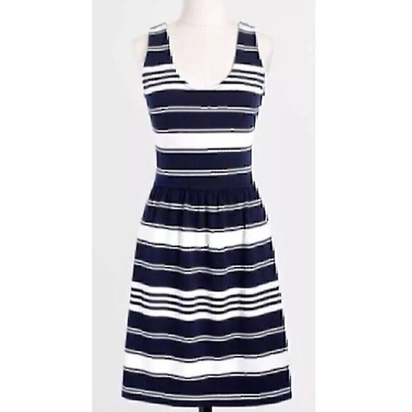 J. CREW Villa Dress Navy Blue Cream Ivory Striped Sleeveless Fit Flare Cotton XS - Picture 3 of 12